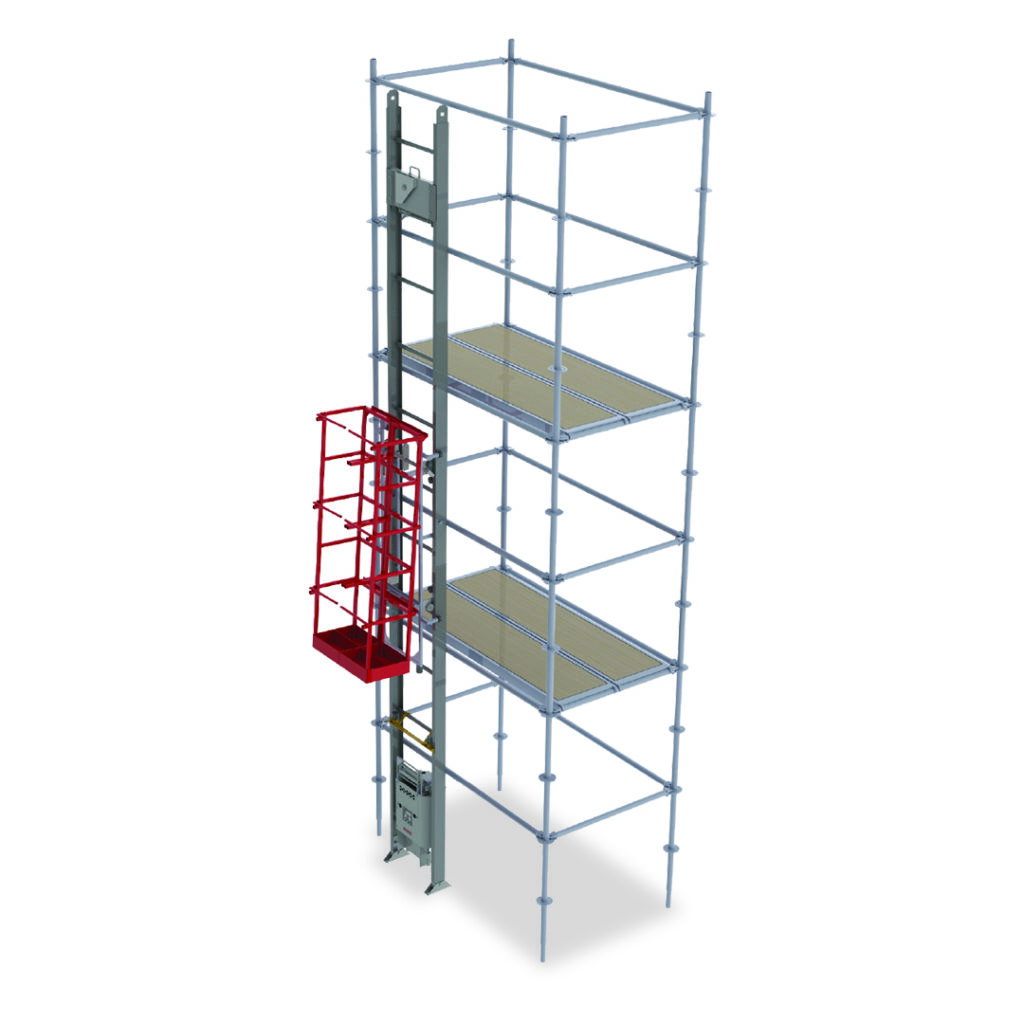 An illustrated graphic of the Beta Max Maxial Track Hoist, an electric scaffolding hoist system available for rent from LGH.