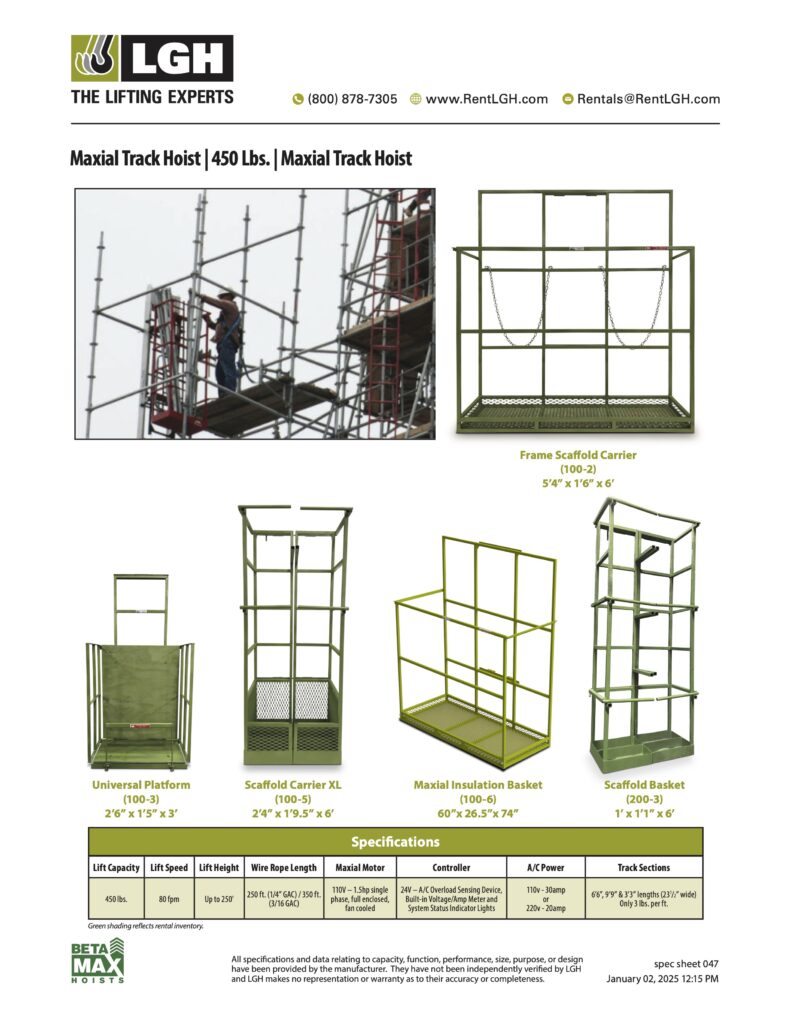 The LGH specification sheet for the Beta Max Maxial Track Hoist rental, including the various carrier and basket options.