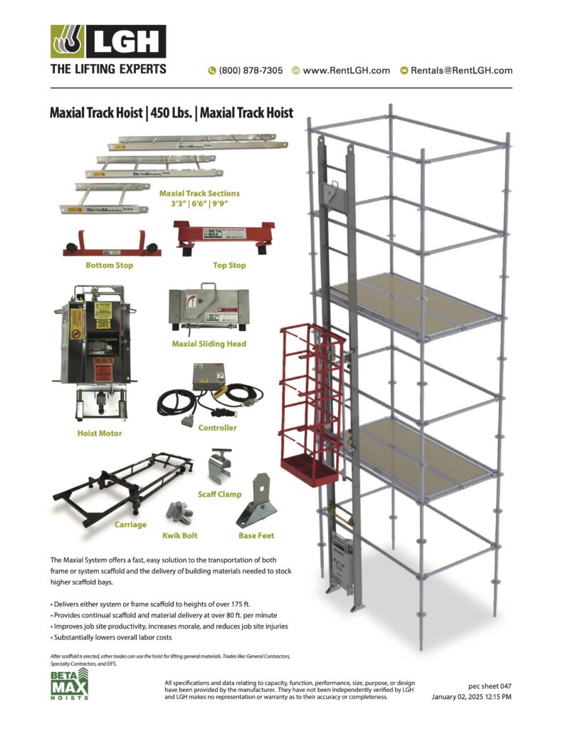 The LGH spec sheet for the Beta Max Maxial Track Hoist rental, including materials necessary for system operation such as the controller and hoist motor.