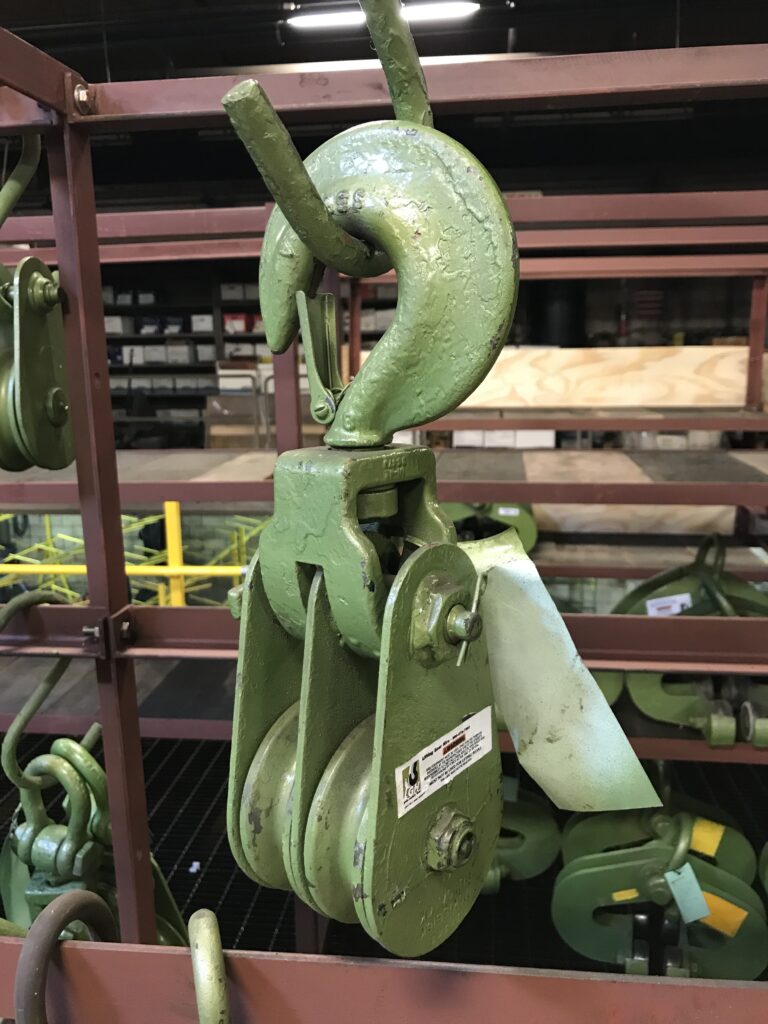 Crosby 4 ton snatch block with hook in LGH green, located in the LGH warehouse