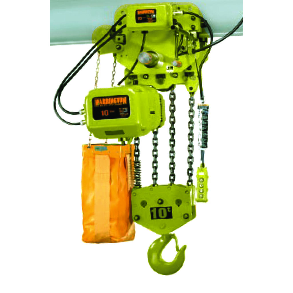 Product photo of the Harrington ERM100LL-L electric chain hoist with motorized trolley, available to rent from LGH.