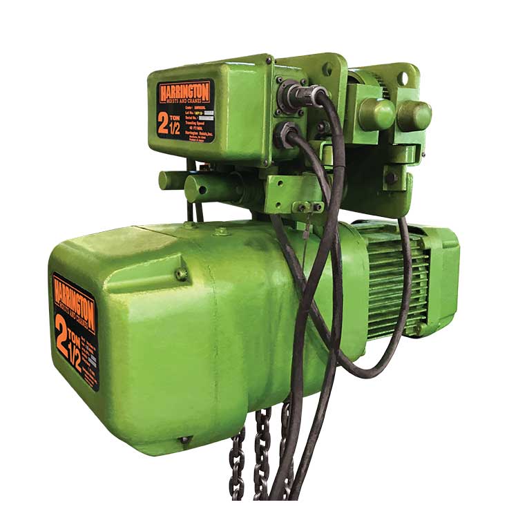 Product photo of a Harrington 2.5-ton NERM electric chain hoist with a motorized trolley, available to rent from LGH.