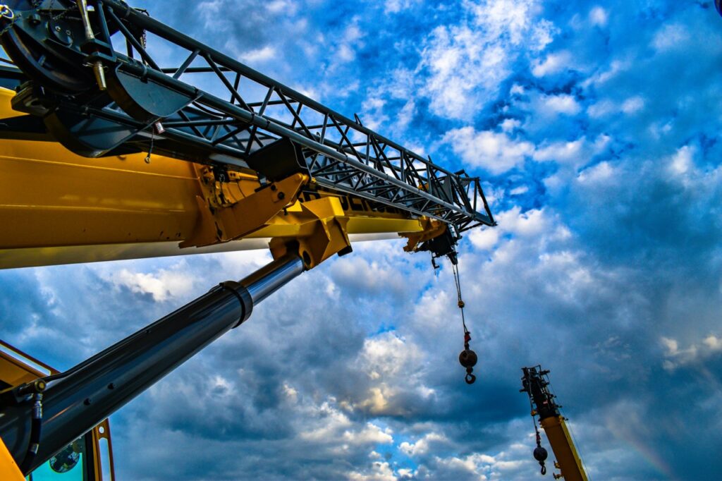 stock photo of a crane with a crane headache ball, also known as an overhaul ball