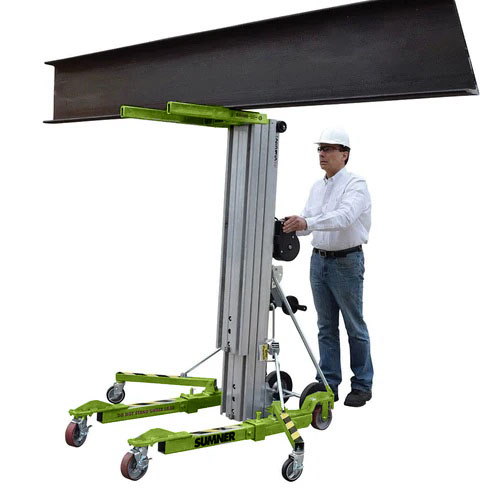 Photo of a construction worker using the Sumner 2615 heavy-duty material lift to lift a beam.