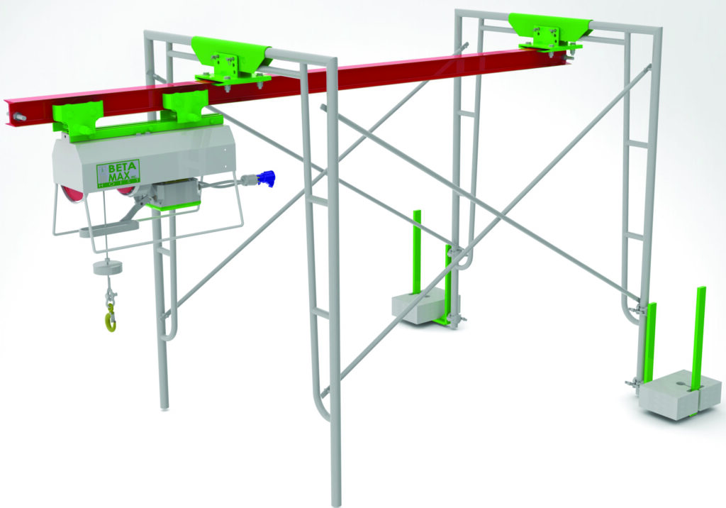 Illustrated graphic of the Beta Max Leo Hoist on an I-beam trolley mounting system from LGH.