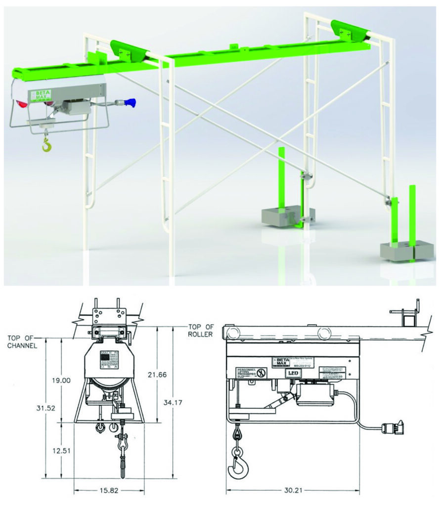 A visual graphic and spec sheet rendering of the Beta Max Leo Hoist attached to the Beta Max Scaff-Trac mounting system from LGH.
