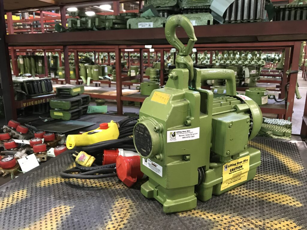The Tractel TR30 Minifor electric rope hoist rental from LGH, pictured inside the LGH warehouse.