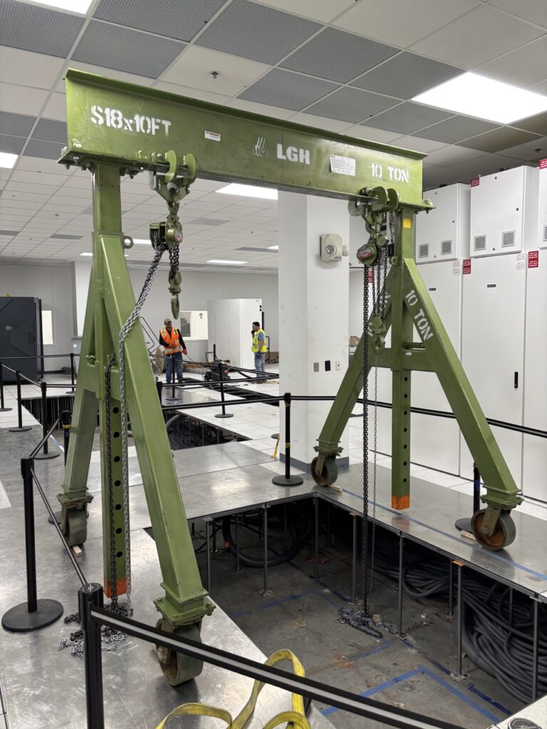 LGH portable gantry crane in a data center with beam trolleys and chain hoists