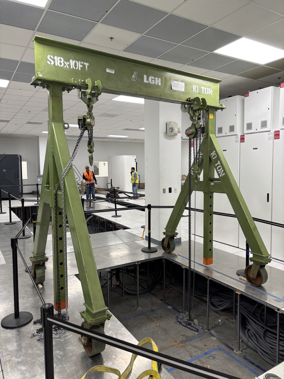 LGH portable gantry crane in a data center with beam trolleys and chain hoists