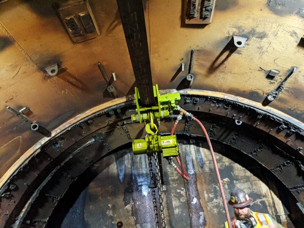 Cleveland, Ohio tunnel job, beam trolley and air chain hoists from LGH.